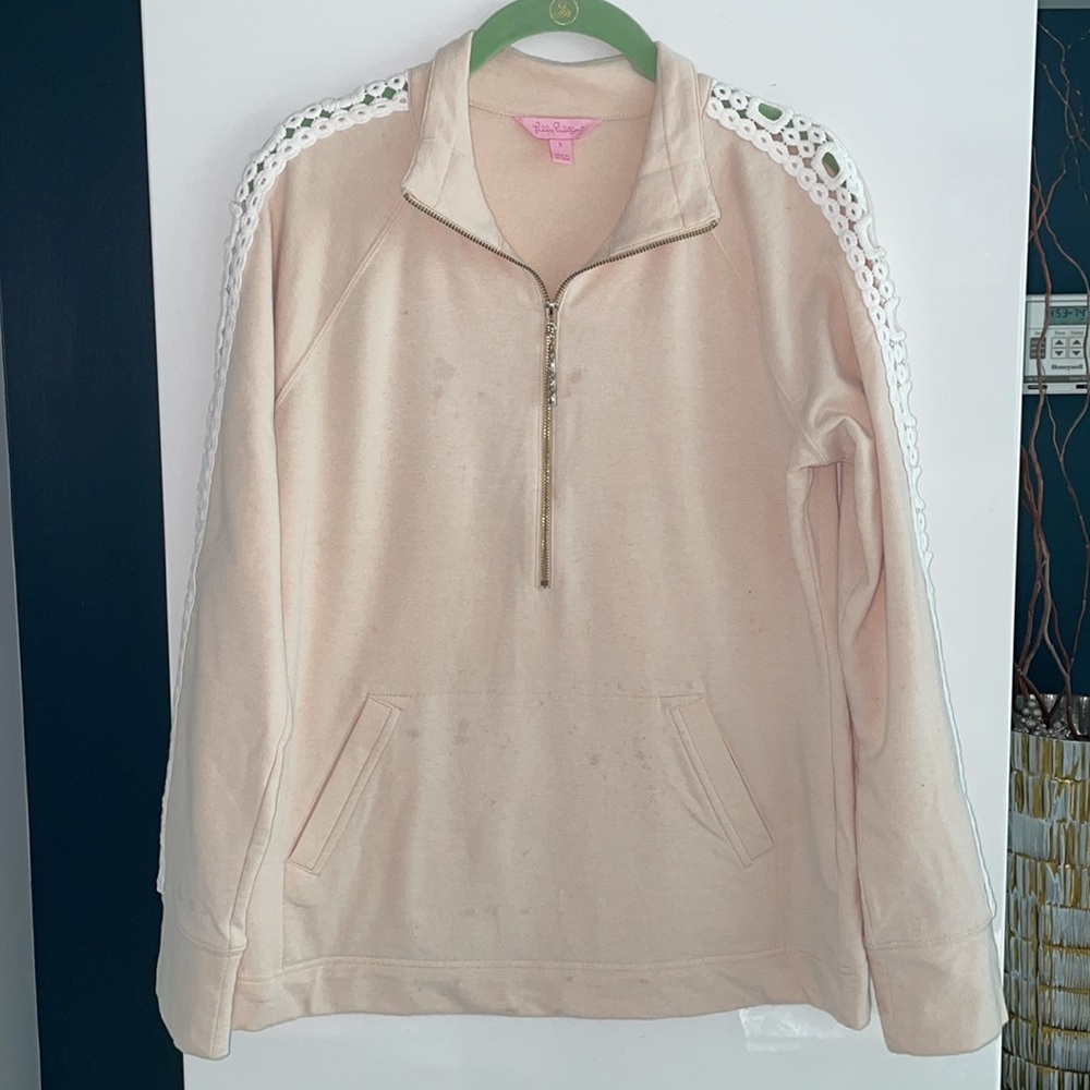 Lilly Pulitzer Beige Crochet Sleeve Skipper Pullover Size Small
